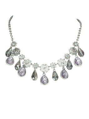 Metal Necklace Silver-tone Rhinestones Lavender Foil Teardrops